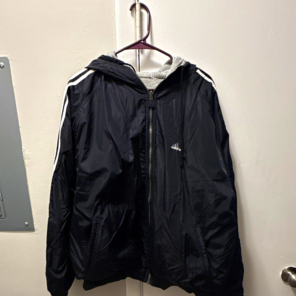 VTG adidas Men’s Black/Gray Puffer Jacket XL Full Zip Hooded Fleece Lined Logo